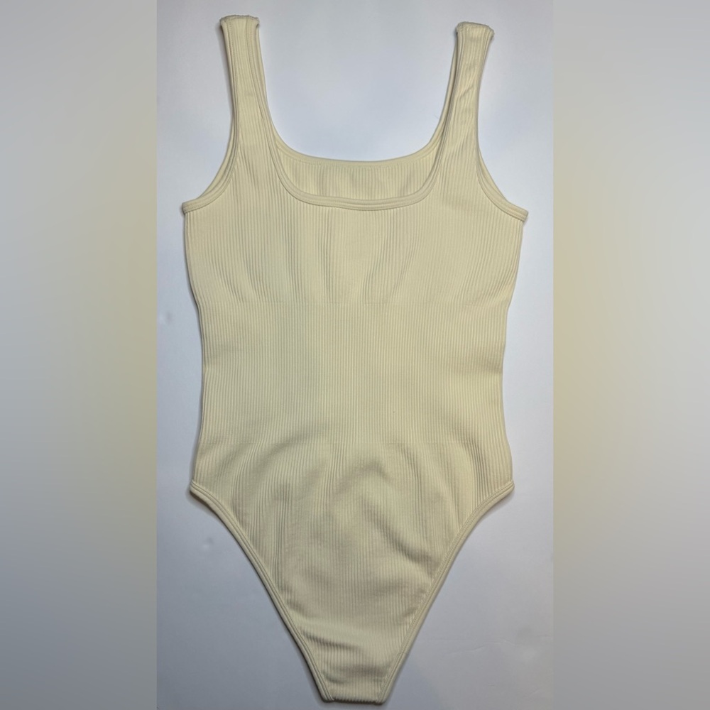 Sleeveless Square Neck Bodysuit Ribbed Tank Top Dark Beige/Cream S - Picture 2 of 6